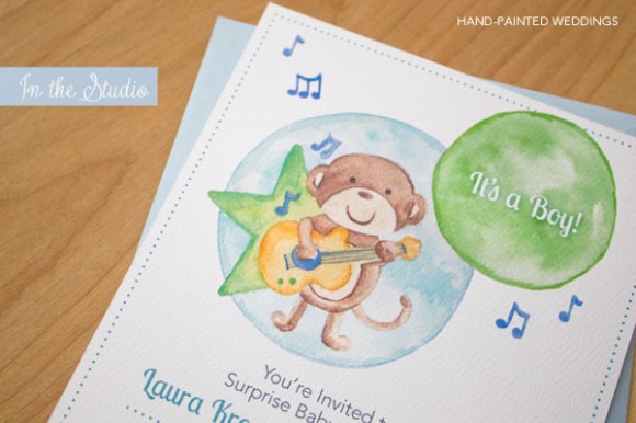 Musical Monkey Baby Shower Card by Hand-Painted Weddings