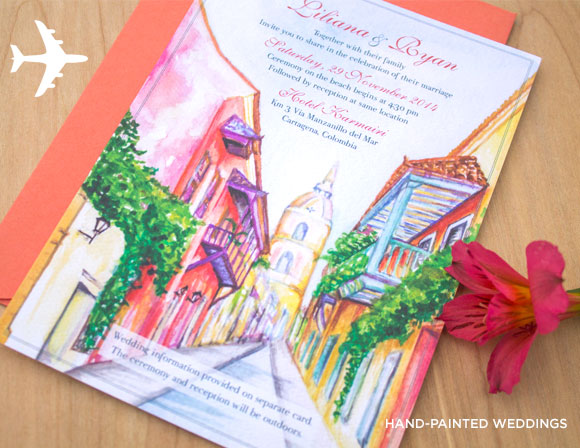 Destination Wedding Invitation to Cartagena, Columbia by Hand-Painted Weddings