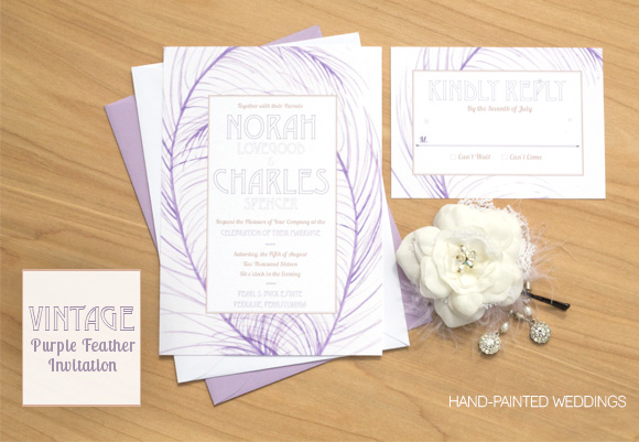 Vintage Purple Feather Invitation by Hand-Painted Weddings