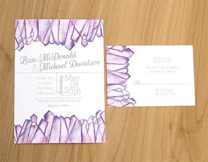 Amethyst Quartz Wedding invitation for boho wedding designed by Hand-Painted Weddings