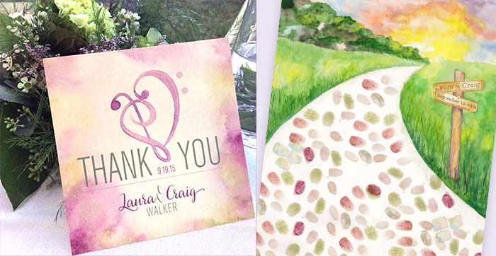 Country Backyard Wedding Thank you and cobblestone thumbprint guestbook by Hand-Painted Weddings