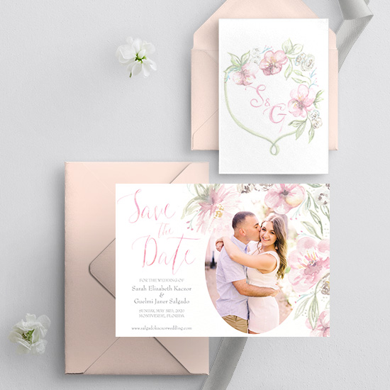 Blush watercolor floral savethedate handpainted sq